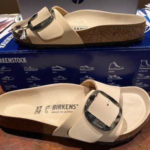 EURO 38; size 7.5; Birkenstock Madrid big buckle almond medium